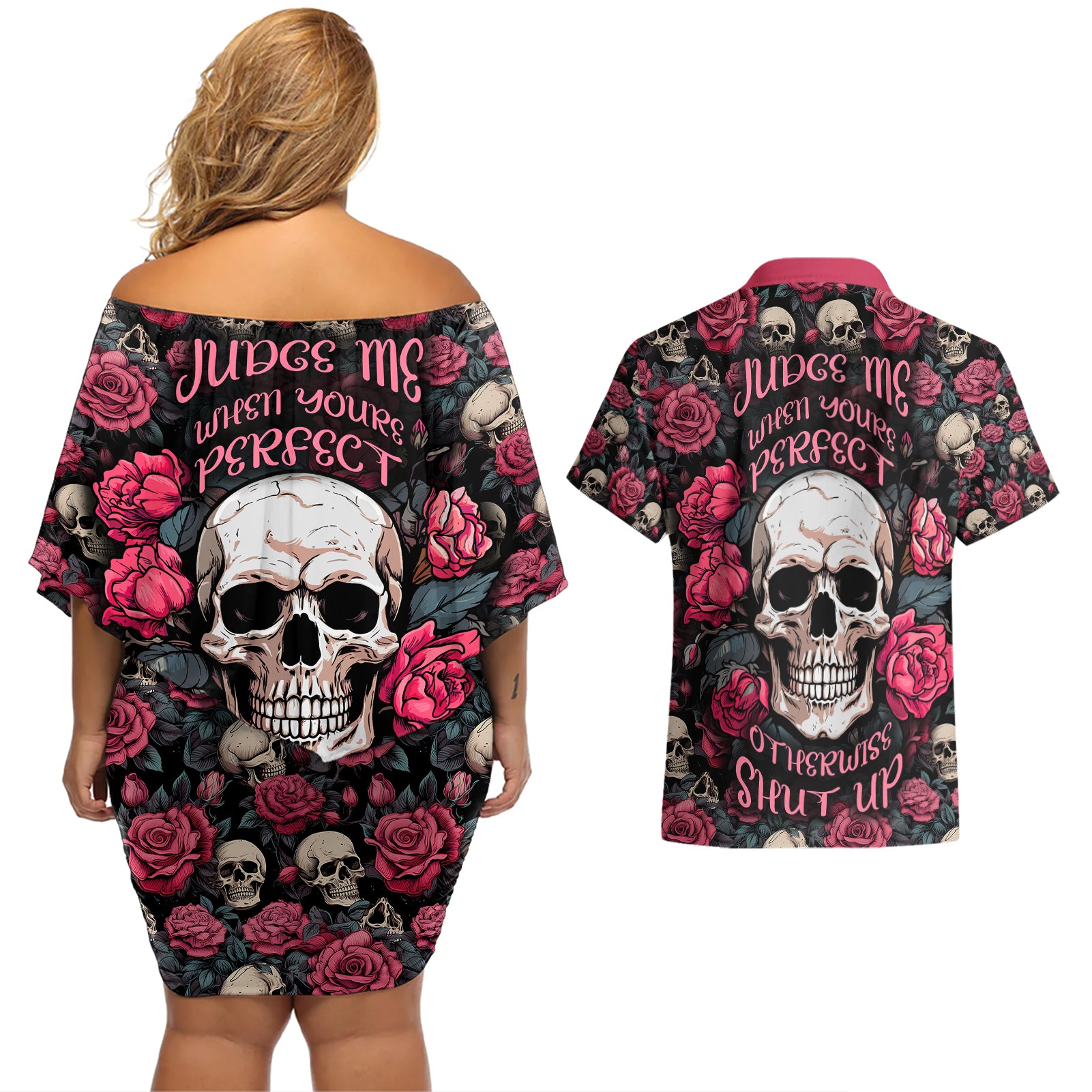 Judge Me When Yours Perfect Otherwise Shut Up Skull Couples Matching Off Shoulder Short Dress and Hawaiian Shirt - Wonder Print Shop