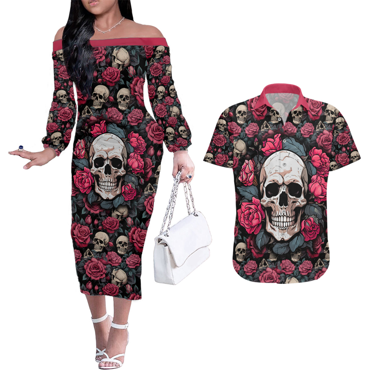 Judge Me When Yours Perfect Otherwise Shut Up Skull Couples Matching Off The Shoulder Long Sleeve Dress and Hawaiian Shirt - Wonder Print Shop