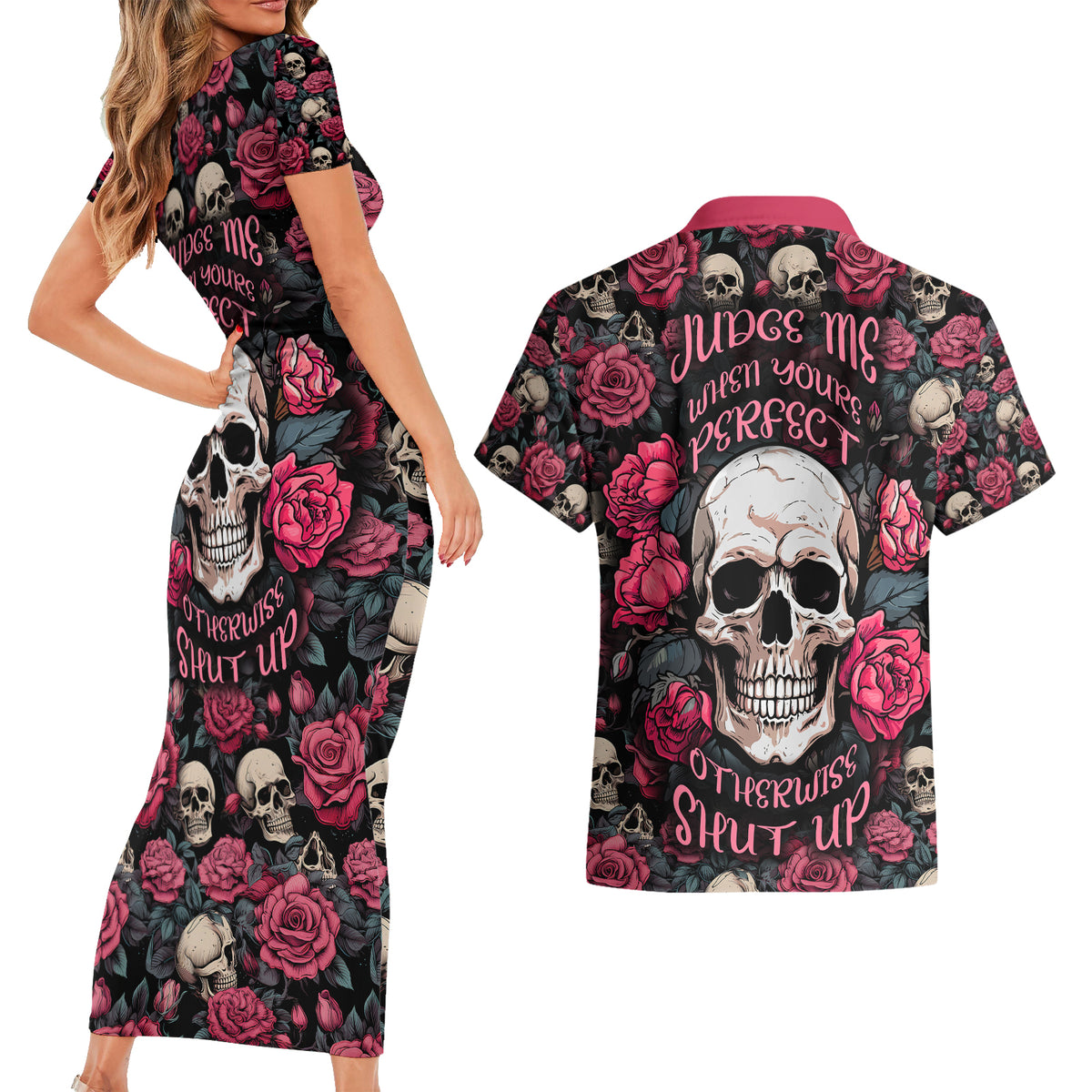 Judge Me When Yours Perfect Otherwise Shut Up Skull Couples Matching Short Sleeve Bodycon Dress and Hawaiian Shirt - Wonder Print Shop