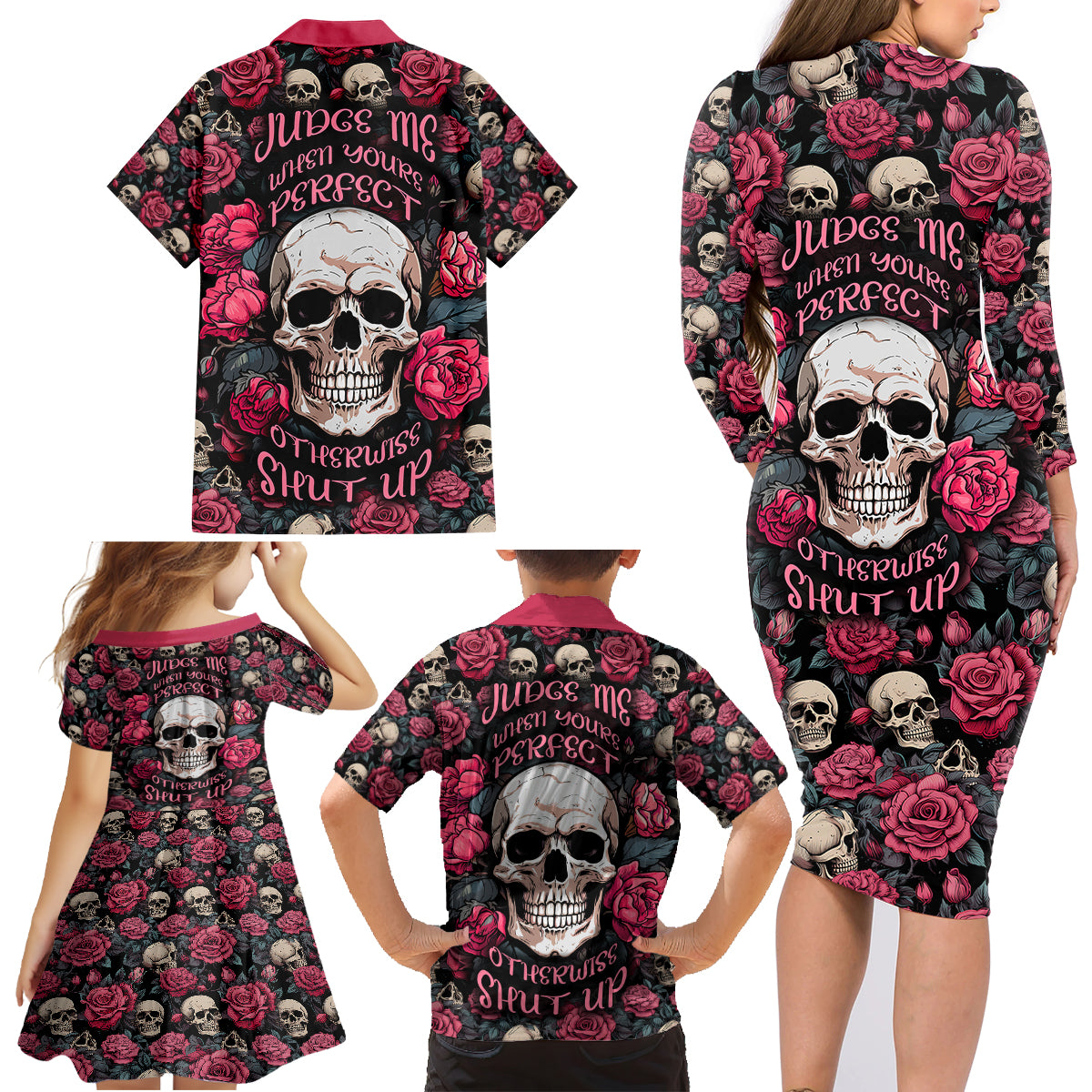 Judge Me When Yours Perfect Otherwise Shut Up Skull Family Matching Long Sleeve Bodycon Dress and Hawaiian Shirt - Wonder Print Shop