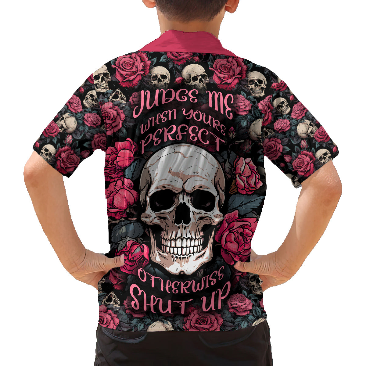 Judge Me When Yours Perfect Otherwise Shut Up Skull Family Matching Off Shoulder Long Sleeve Dress and Hawaiian Shirt - Wonder Print Shop