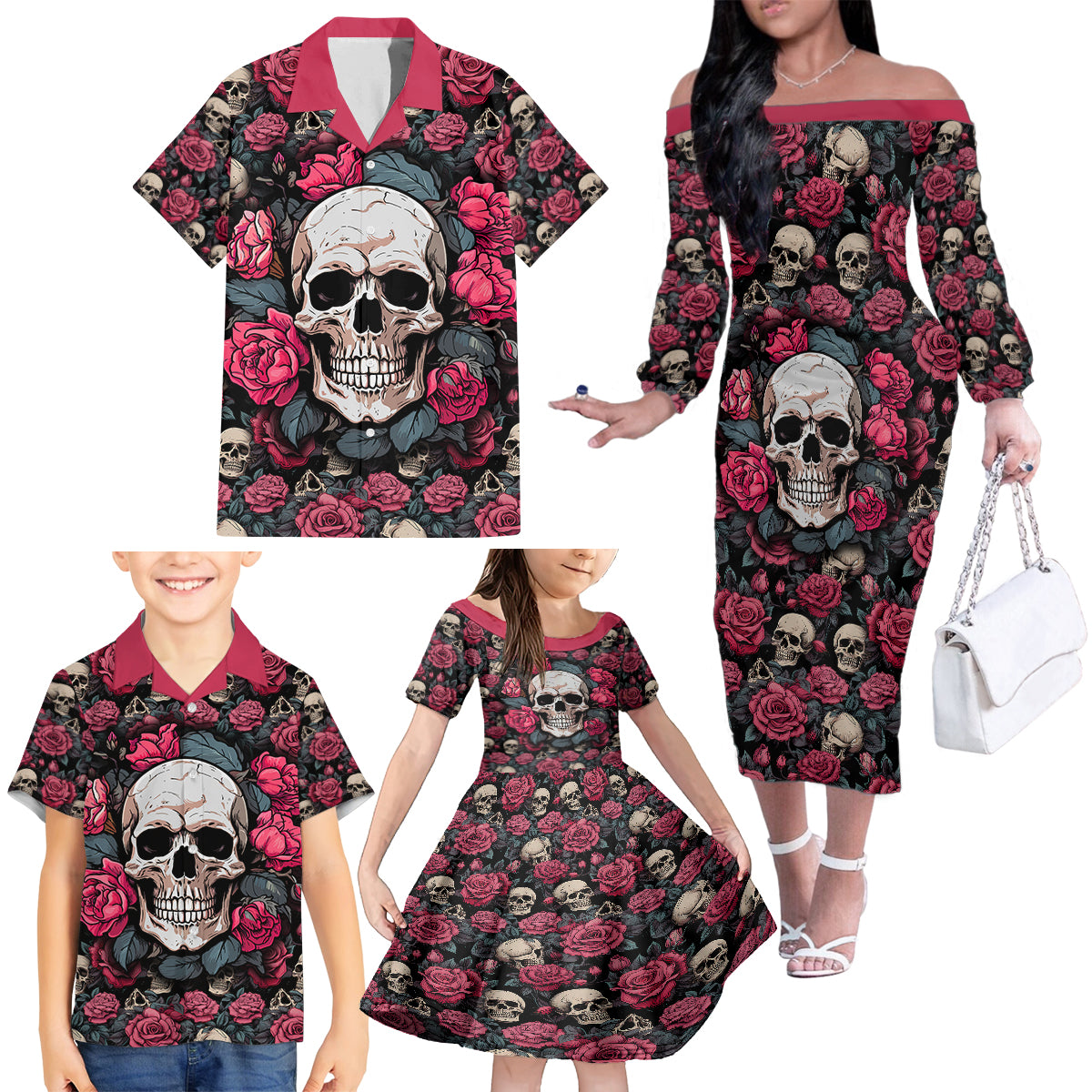 Judge Me When Yours Perfect Otherwise Shut Up Skull Family Matching Off Shoulder Long Sleeve Dress and Hawaiian Shirt - Wonder Print Shop