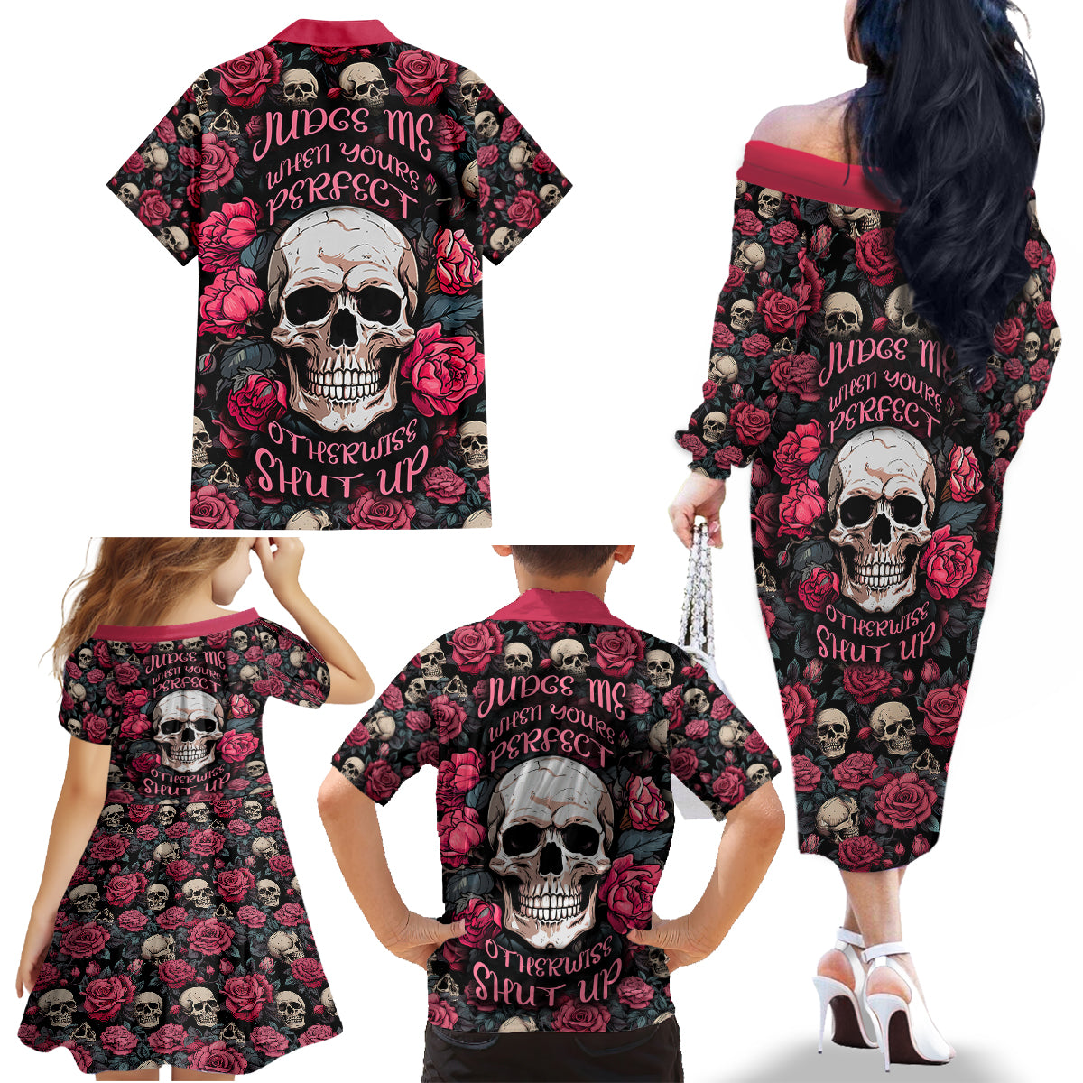 Judge Me When Yours Perfect Otherwise Shut Up Skull Family Matching Off Shoulder Long Sleeve Dress and Hawaiian Shirt - Wonder Print Shop