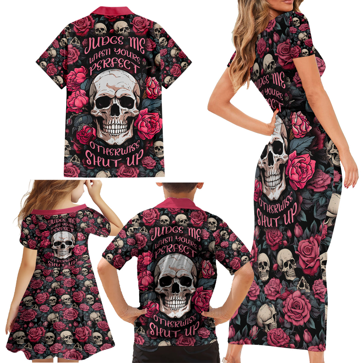 Judge Me When Yours Perfect Otherwise Shut Up Skull Family Matching Short Sleeve Bodycon Dress and Hawaiian Shirt - Wonder Print Shop