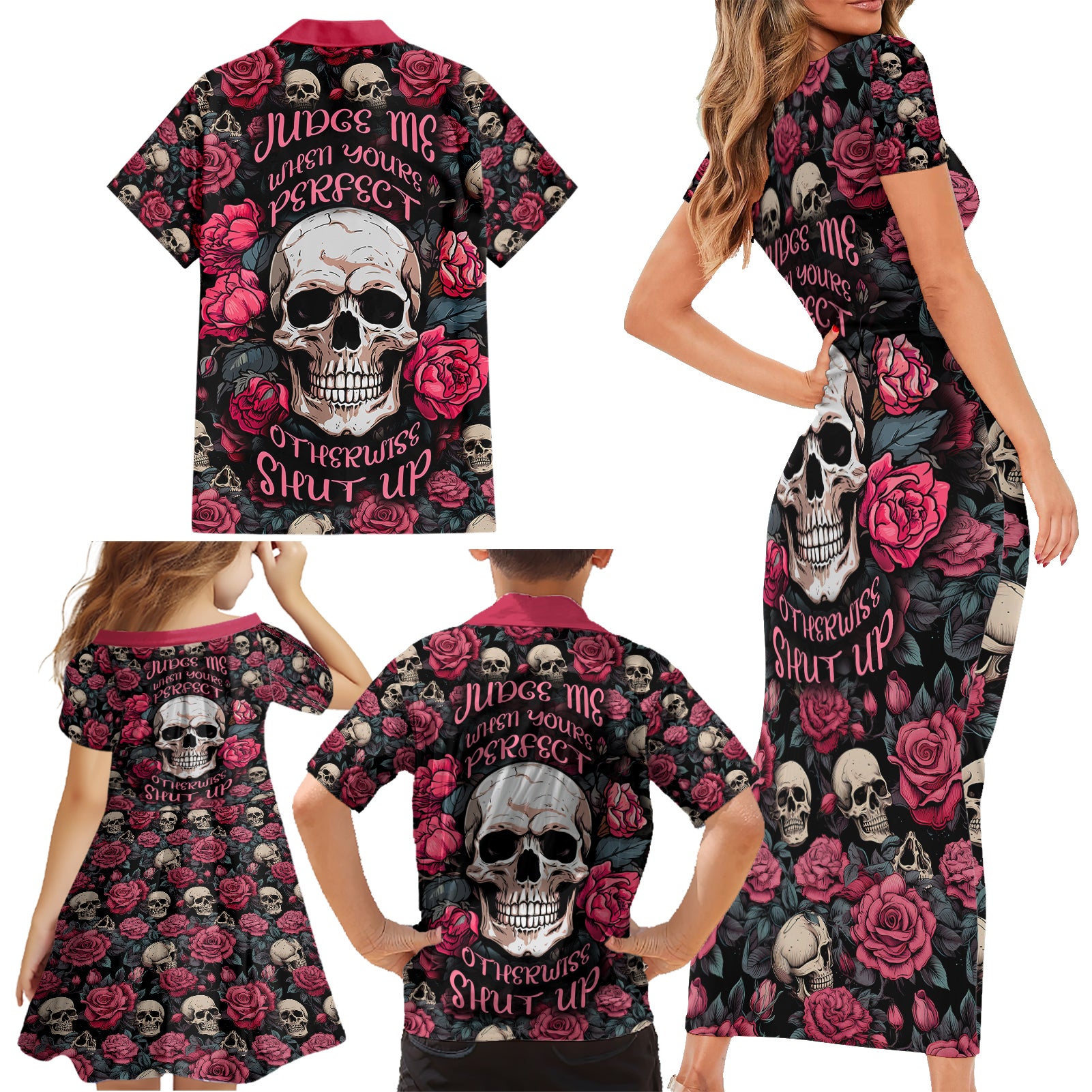 Judge Me When Yours Perfect Otherwise Shut Up Skull Family Matching Short Sleeve Bodycon Dress and Hawaiian Shirt - Wonder Print Shop