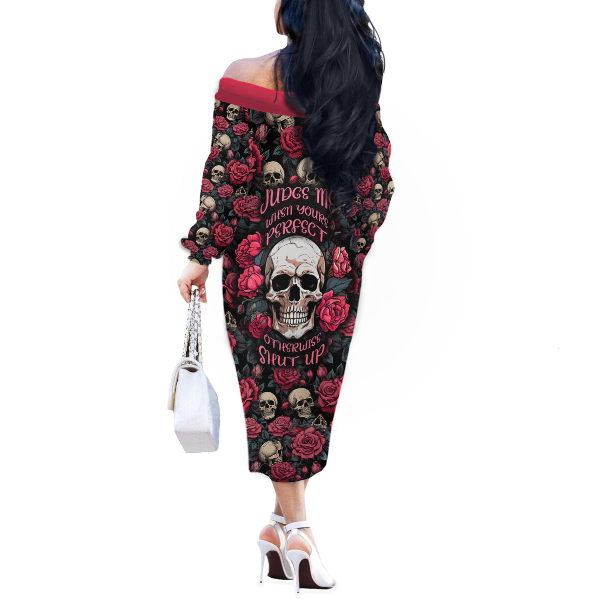 Judge Me When Yours Perfect Otherwise Shut Up Skull Off The Shoulder Long Sleeve Dress - Wonder Print Shop