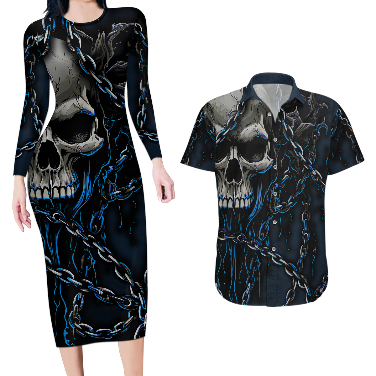 You Inspire My Inner Serial Killer Skull Couples Matching Long Sleeve Bodycon Dress and Hawaiian Shirt - Wonder Print Shop