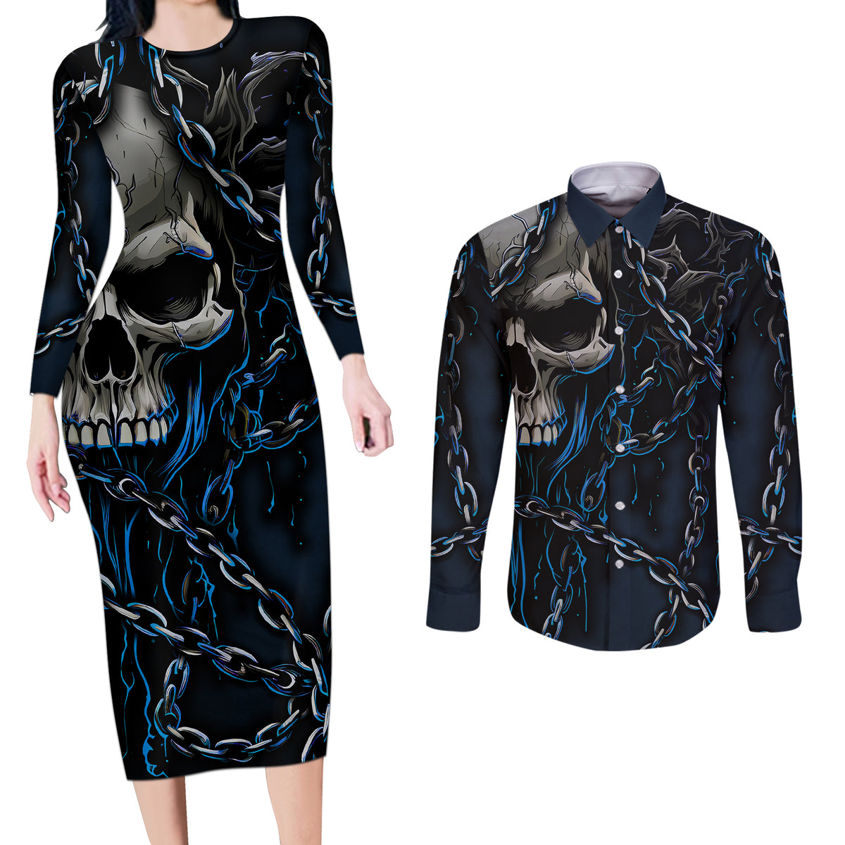 You Inspire My Inner Serial Killer Skull Couples Matching Long Sleeve Bodycon Dress and Long Sleeve Button Shirts - Wonder Print Shop