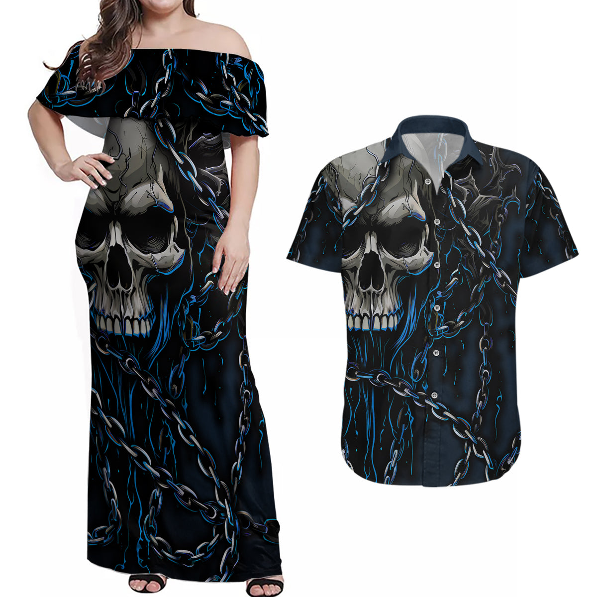 You Inspire My Inner Serial Killer Skull Couples Matching Off Shoulder Maxi Dress and Hawaiian Shirt - Wonder Print Shop