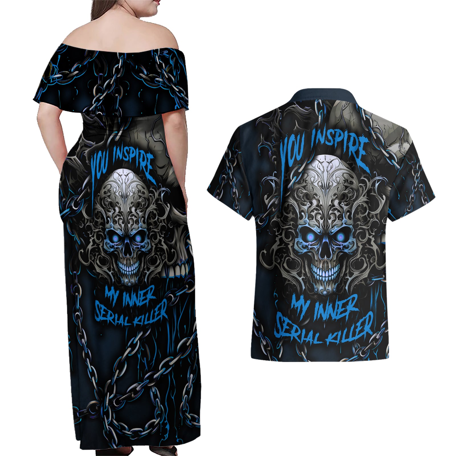 You Inspire My Inner Serial Killer Skull Couples Matching Off Shoulder Maxi Dress and Hawaiian Shirt - Wonder Print Shop
