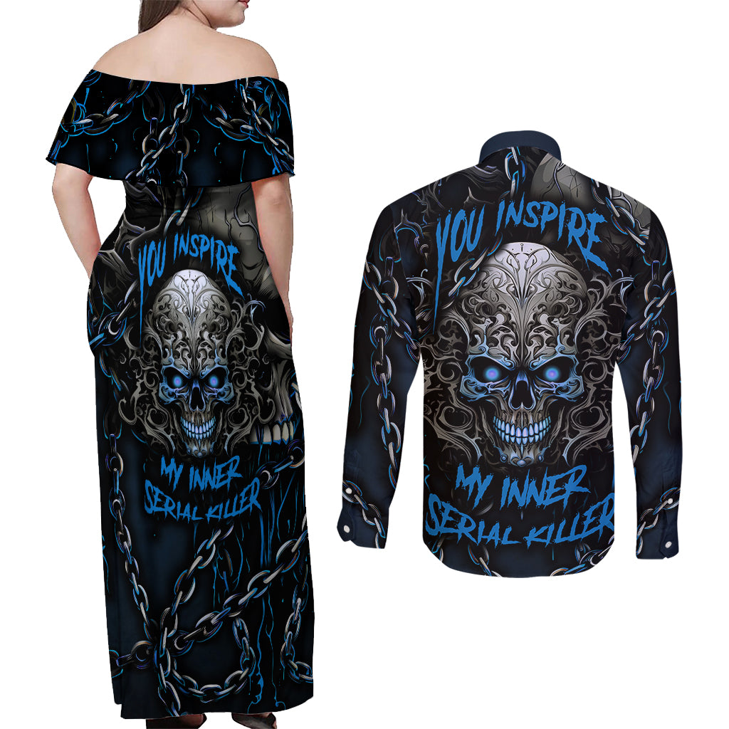 You Inspire My Inner Serial Killer Skull Couples Matching Off Shoulder Maxi Dress and Long Sleeve Button Shirts - Wonder Print Shop
