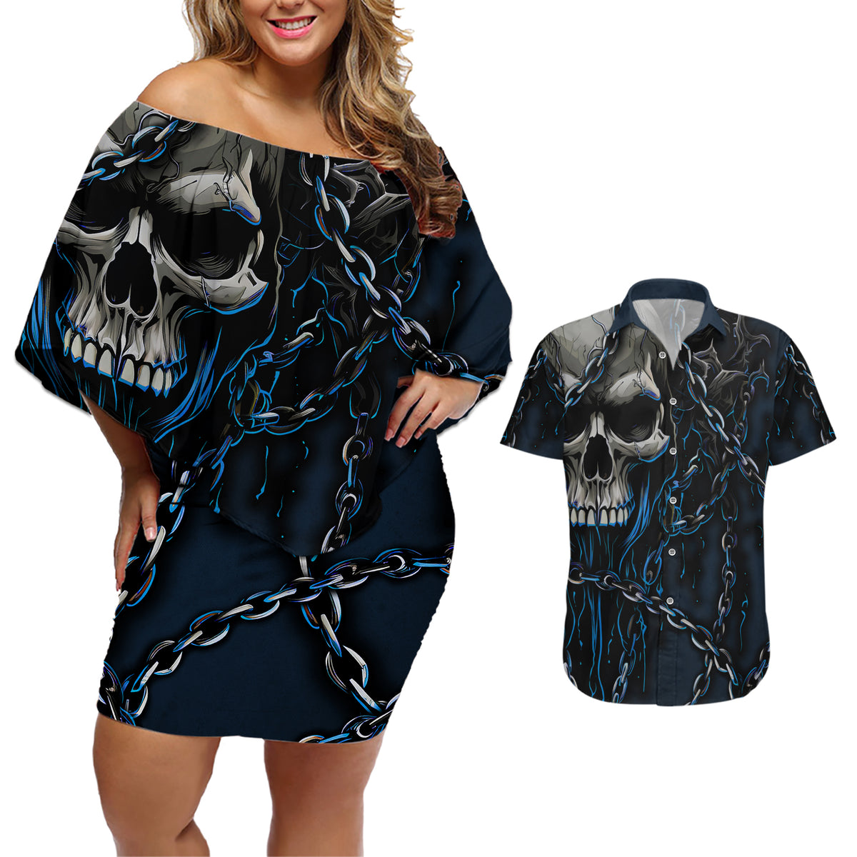 You Inspire My Inner Serial Killer Skull Couples Matching Off Shoulder Short Dress and Hawaiian Shirt - Wonder Print Shop