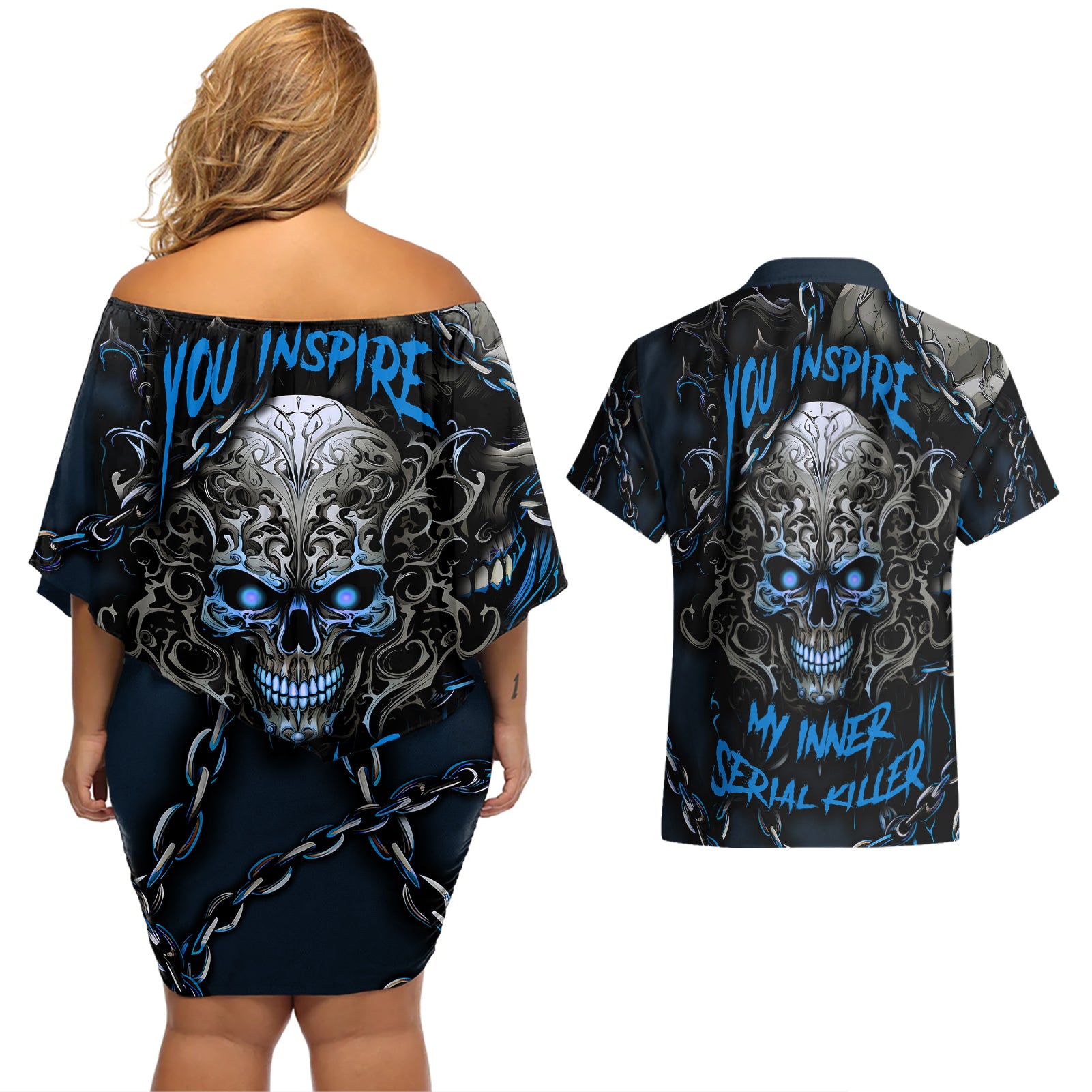 You Inspire My Inner Serial Killer Skull Couples Matching Off Shoulder Short Dress and Hawaiian Shirt - Wonder Print Shop