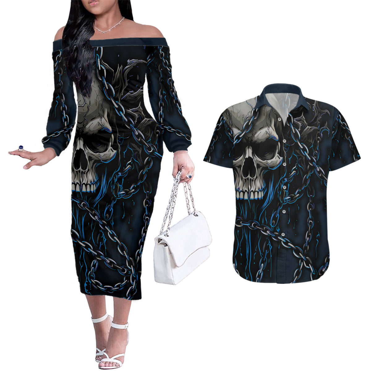 You Inspire My Inner Serial Killer Skull Couples Matching Off The Shoulder Long Sleeve Dress and Hawaiian Shirt - Wonder Print Shop
