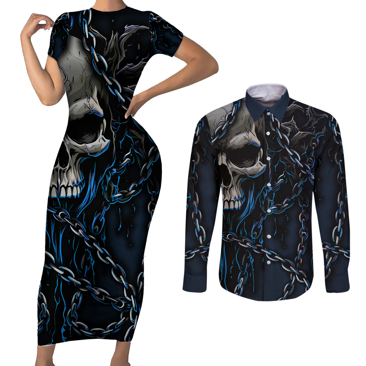 You Inspire My Inner Serial Killer Skull Couples Matching Short Sleeve Bodycon Dress and Long Sleeve Button Shirts - Wonder Print Shop