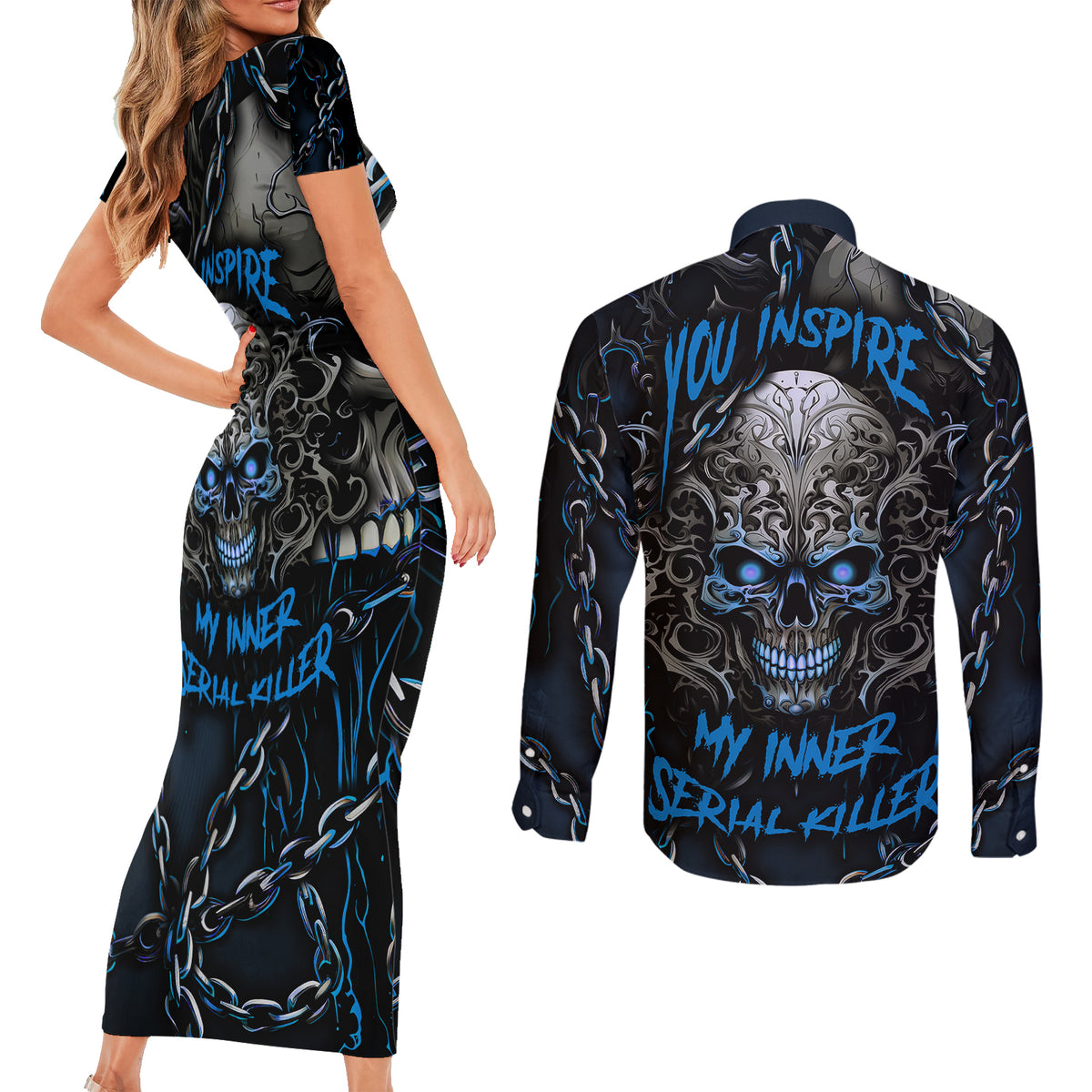 You Inspire My Inner Serial Killer Skull Couples Matching Short Sleeve Bodycon Dress and Long Sleeve Button Shirts - Wonder Print Shop