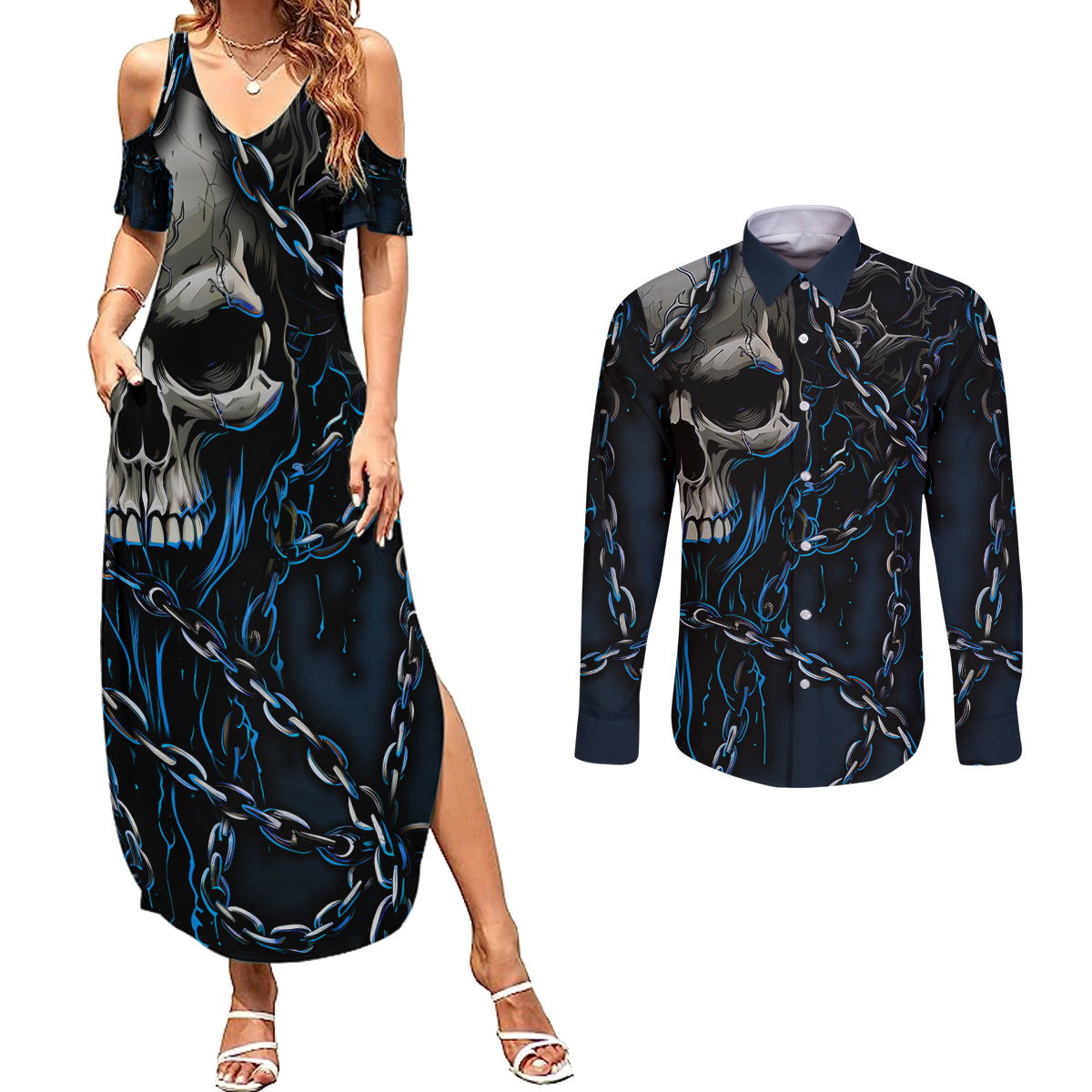 You Inspire My Inner Serial Killer Skull Couples Matching Summer Maxi Dress and Long Sleeve Button Shirts - Wonder Print Shop