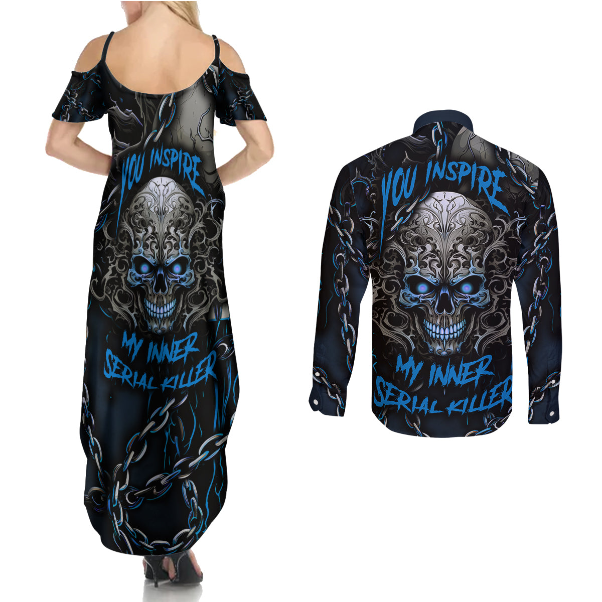 You Inspire My Inner Serial Killer Skull Couples Matching Summer Maxi Dress and Long Sleeve Button Shirts - Wonder Print Shop