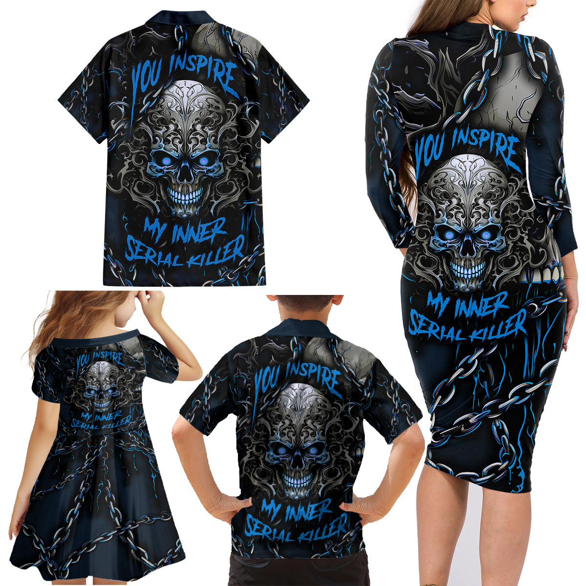 You Inspire My Inner Serial Killer Skull Family Matching Long Sleeve Bodycon Dress and Hawaiian Shirt - Wonder Print Shop