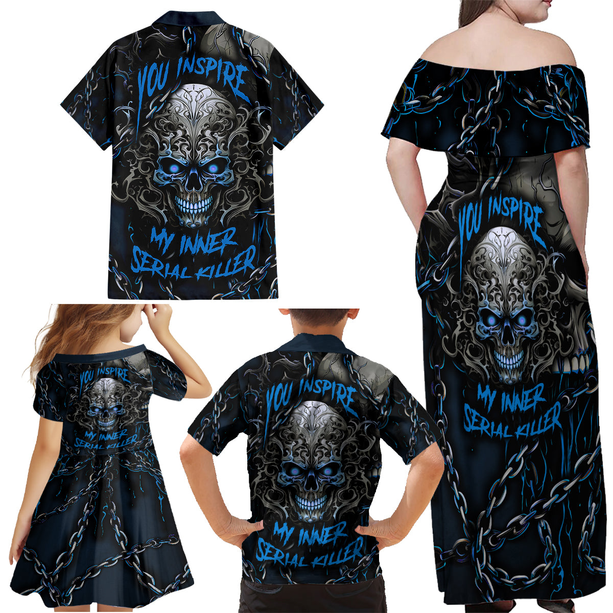 You Inspire My Inner Serial Killer Skull Family Matching Off Shoulder Maxi Dress and Hawaiian Shirt - Wonder Print Shop