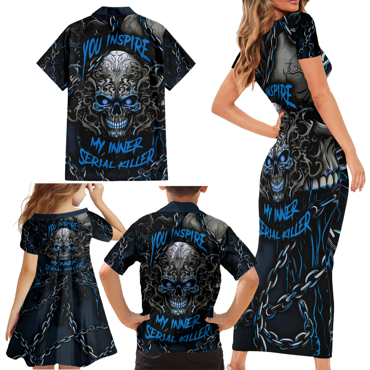 You Inspire My Inner Serial Killer Skull Family Matching Short Sleeve Bodycon Dress and Hawaiian Shirt - Wonder Print Shop