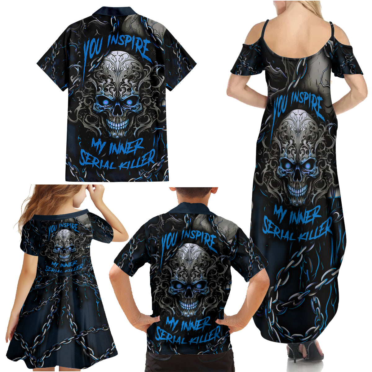 You Inspire My Inner Serial Killer Skull Family Matching Summer Maxi Dress and Hawaiian Shirt - Wonder Print Shop