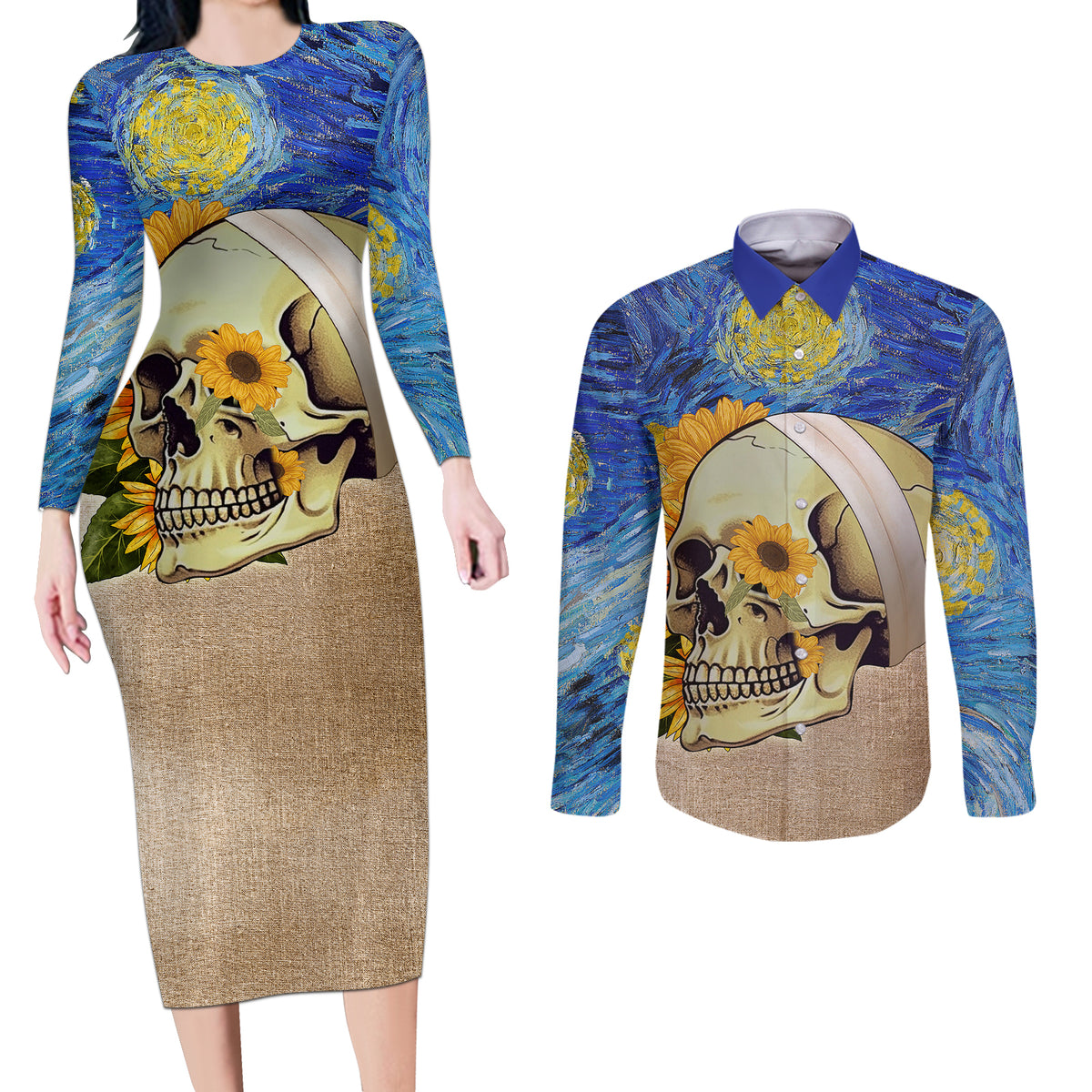 Van Gogh Style Skull Couples Matching Long Sleeve Bodycon Dress and Long Sleeve Button Shirts Hello My Friend - Wonder Print Shop