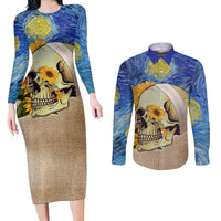 Van Gogh Style Skull Couples Matching Long Sleeve Bodycon Dress and Long Sleeve Button Shirts Hello My Friend - Wonder Print Shop
