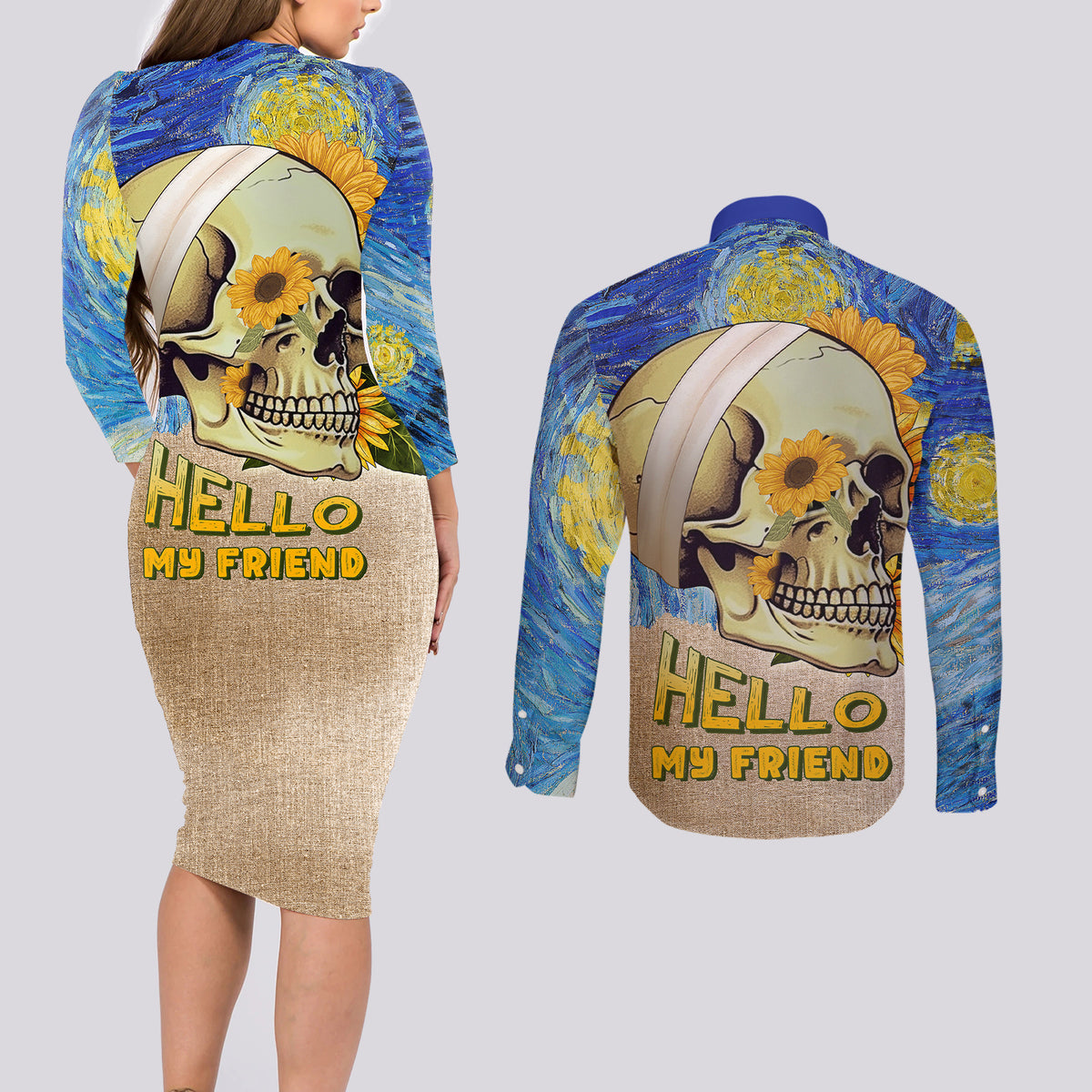 Van Gogh Style Skull Couples Matching Long Sleeve Bodycon Dress and Long Sleeve Button Shirts Hello My Friend - Wonder Print Shop