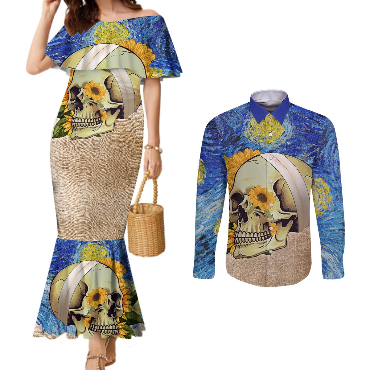 van-gogh-style-skull-couples-matching-mermaid-dress-and-long-sleeve-button-shirts-hello-my-friend