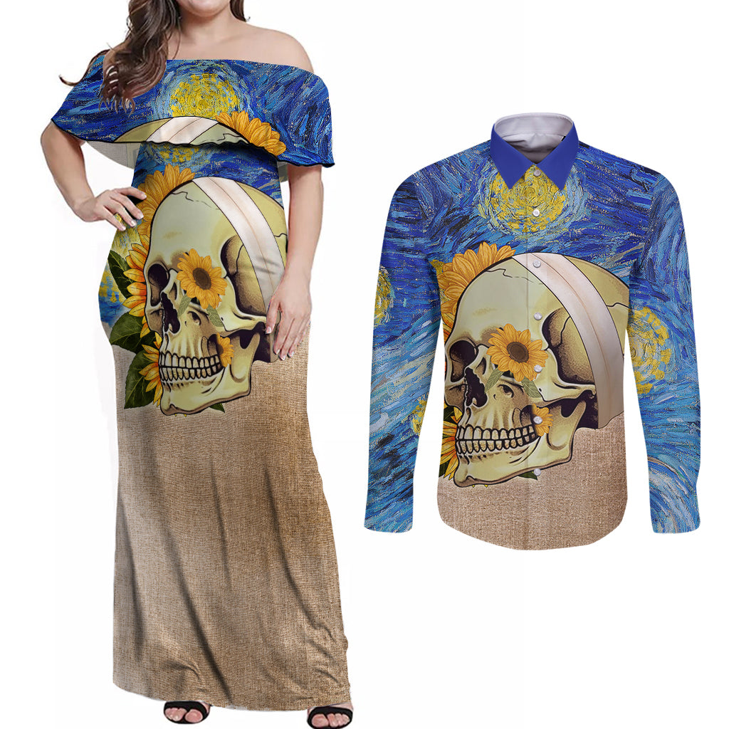 Van Gogh Style Skull Couples Matching Off Shoulder Maxi Dress and Long Sleeve Button Shirts Hello My Friend - Wonder Print Shop