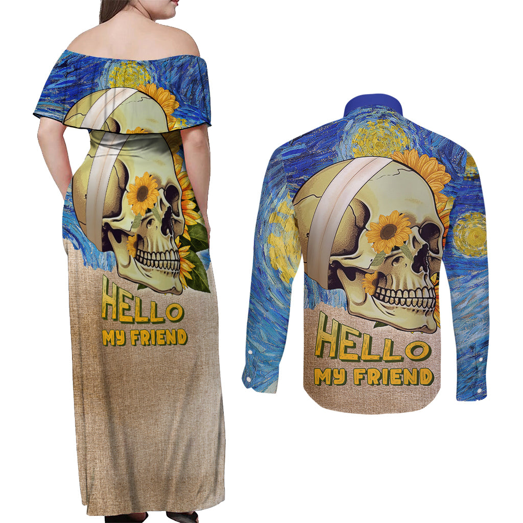Van Gogh Style Skull Couples Matching Off Shoulder Maxi Dress and Long Sleeve Button Shirts Hello My Friend - Wonder Print Shop