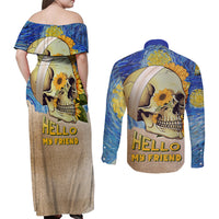 Van Gogh Style Skull Couples Matching Off Shoulder Maxi Dress and Long Sleeve Button Shirts Hello My Friend - Wonder Print Shop