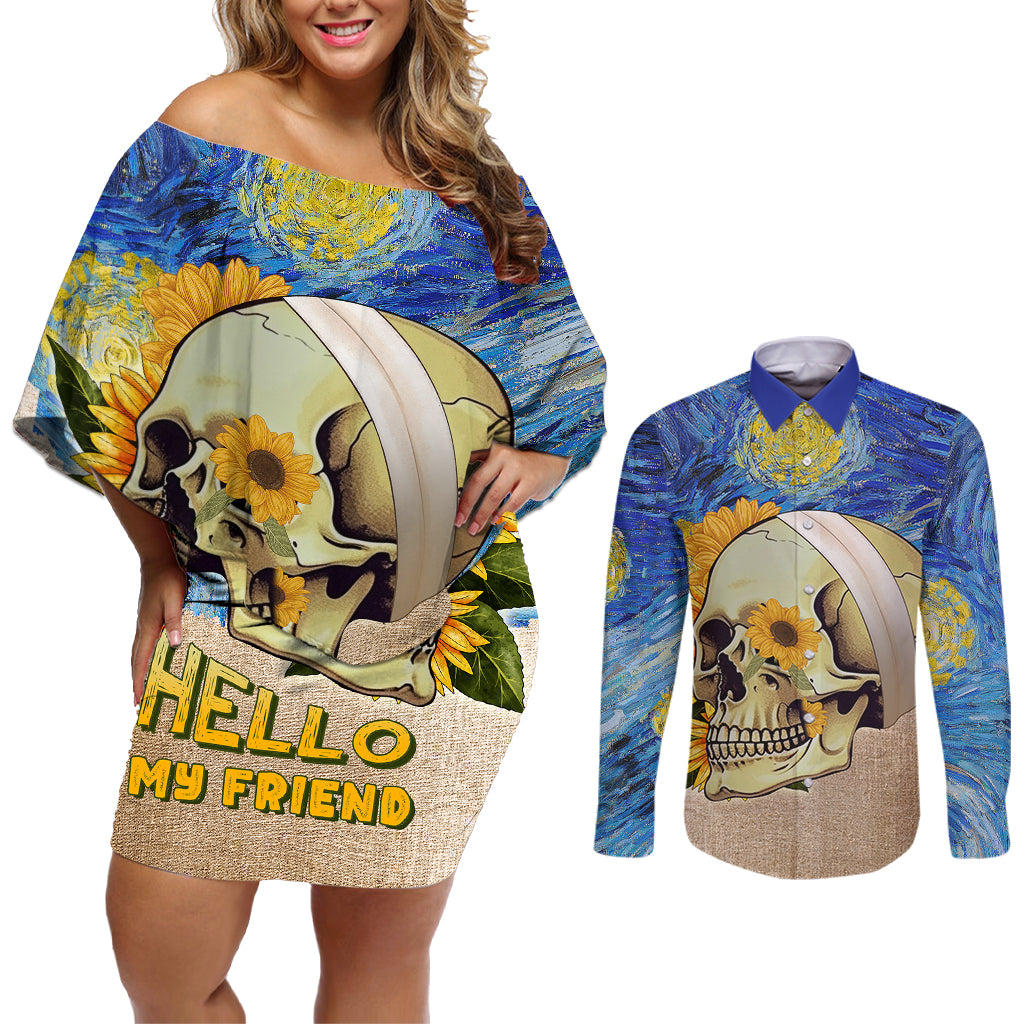 Van Gogh Style Skull Couples Matching Off Shoulder Short Dress and Long Sleeve Button Shirts Hello My Friend - Wonder Print Shop
