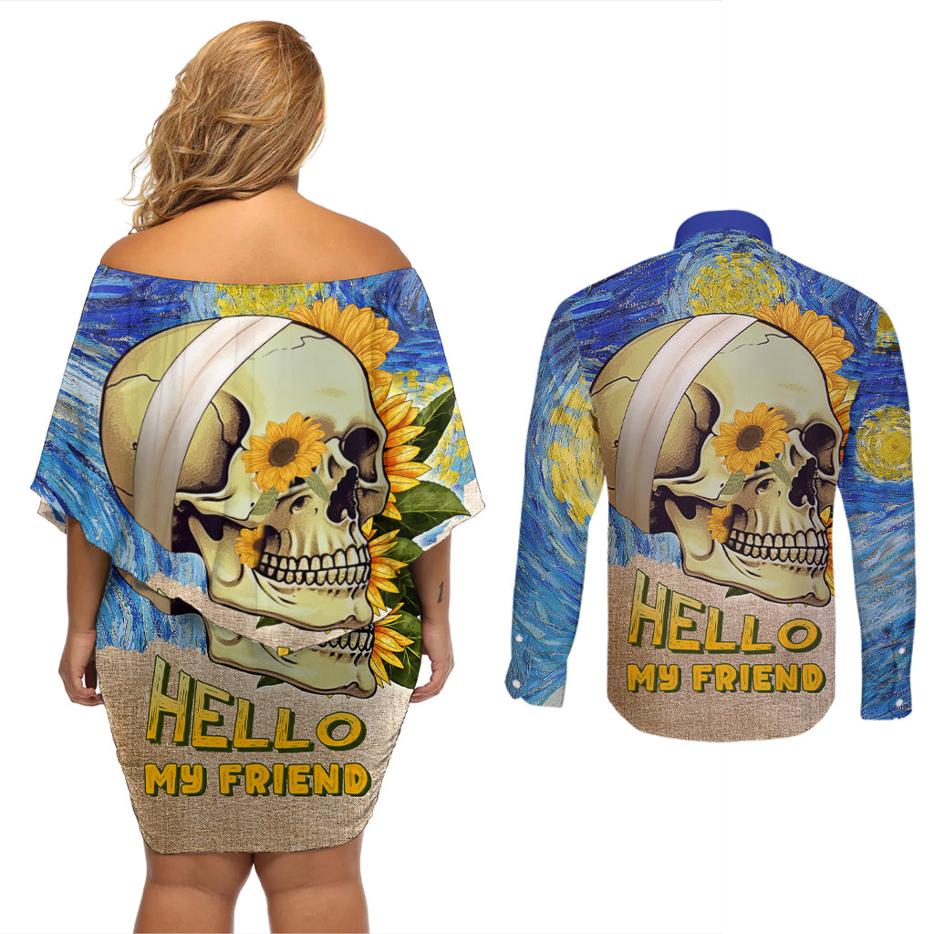 Van Gogh Style Skull Couples Matching Off Shoulder Short Dress and Long Sleeve Button Shirts Hello My Friend - Wonder Print Shop