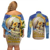 Van Gogh Style Skull Couples Matching Off Shoulder Short Dress and Long Sleeve Button Shirts Hello My Friend - Wonder Print Shop