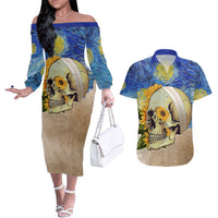Van Gogh Style Skull Couples Matching Off The Shoulder Long Sleeve Dress and Hawaiian Shirt Hello My Friend - Wonder Print Shop