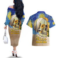 Van Gogh Style Skull Couples Matching Off The Shoulder Long Sleeve Dress and Hawaiian Shirt Hello My Friend - Wonder Print Shop