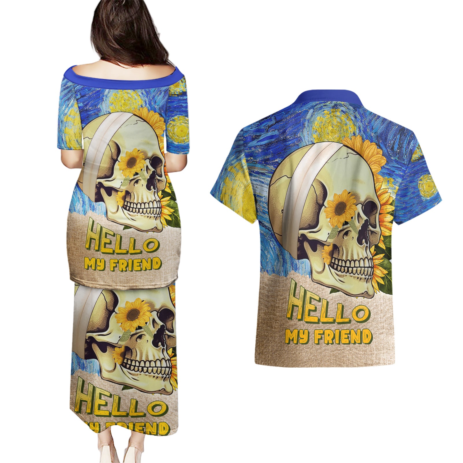 Van Gogh Style Skull Couples Matching Puletasi Dress and Hawaiian Shirt Hello My Friend - Wonder Print Shop
