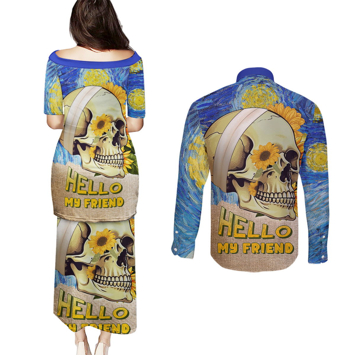 Van Gogh Style Skull Couples Matching Puletasi Dress and Long Sleeve Button Shirts Hello My Friend - Wonder Print Shop