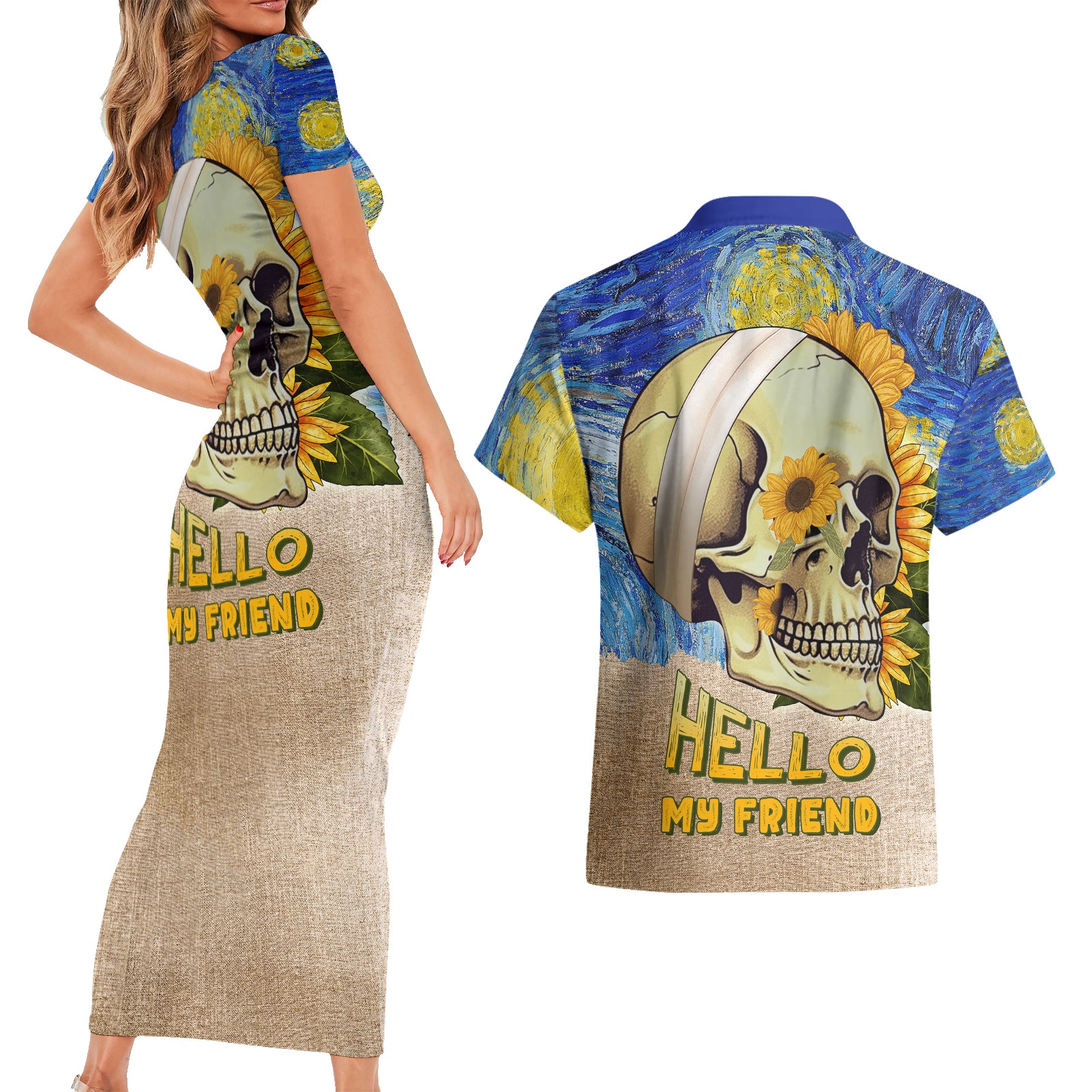 Van Gogh Style Skull Couples Matching Short Sleeve Bodycon Dress and Hawaiian Shirt Hello My Friend - Wonder Print Shop
