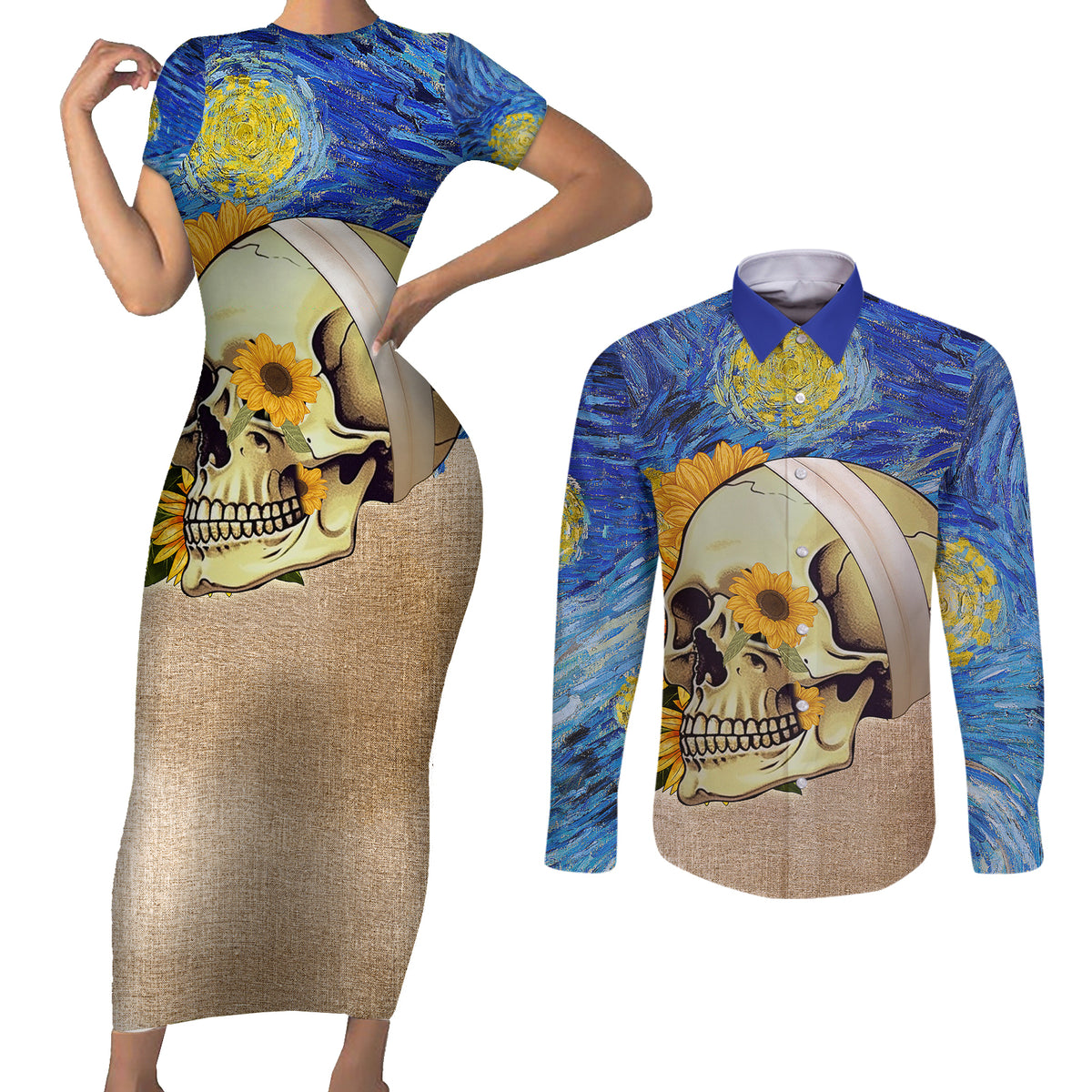 Van Gogh Style Skull Couples Matching Short Sleeve Bodycon Dress and Long Sleeve Button Shirts Hello My Friend - Wonder Print Shop