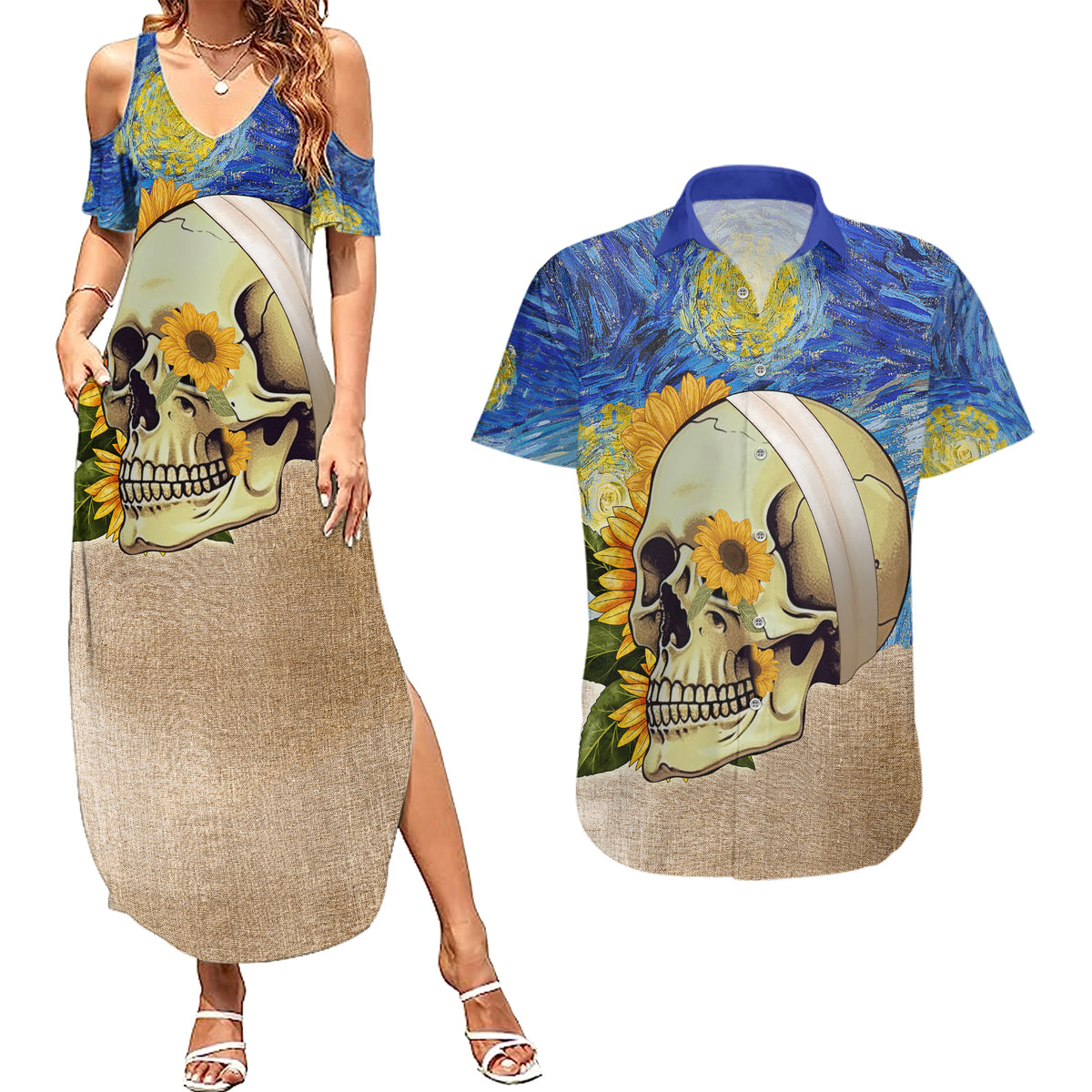 Van Gogh Style Skull Couples Matching Summer Maxi Dress and Hawaiian Shirt Hello My Friend - Wonder Print Shop