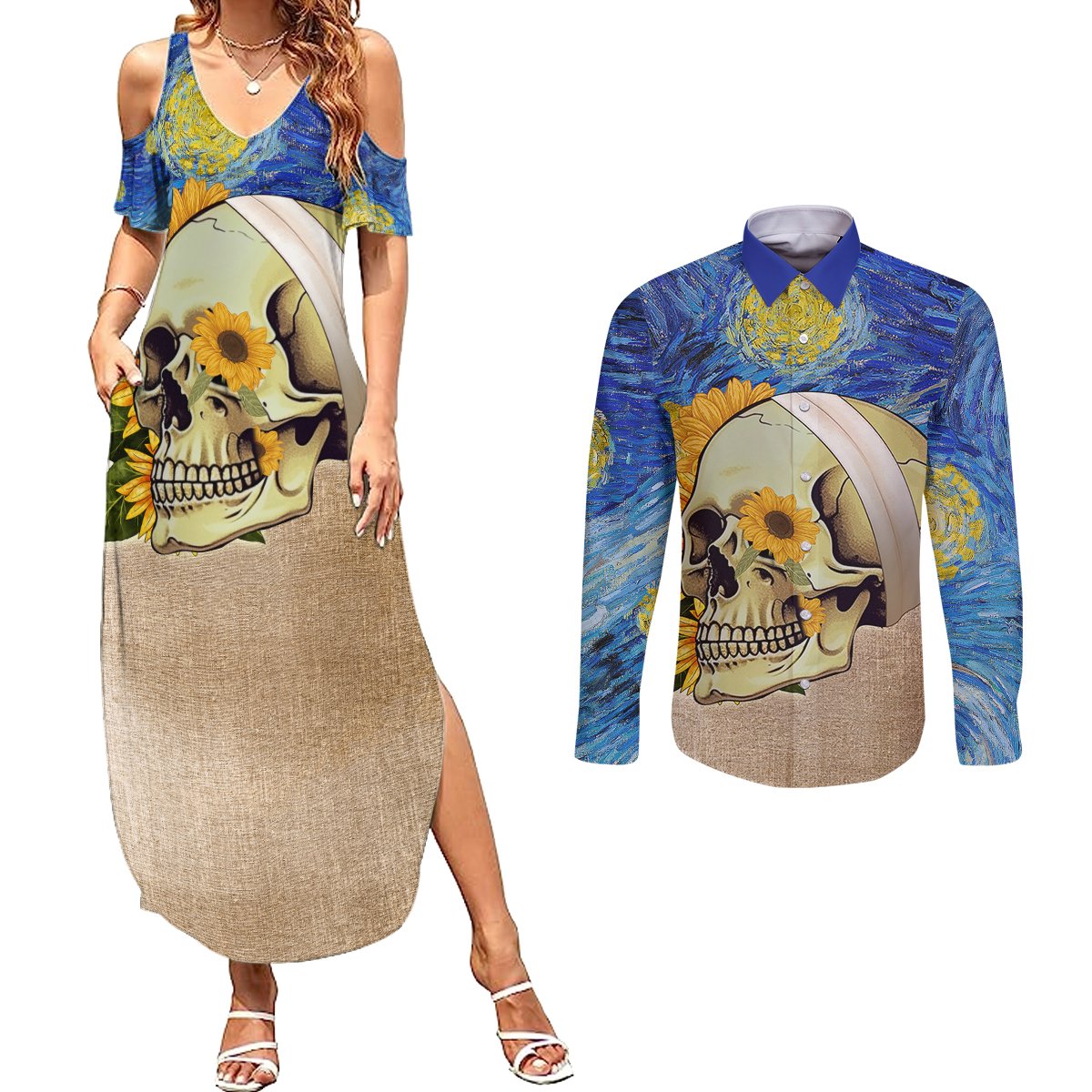 Van Gogh Style Skull Couples Matching Summer Maxi Dress and Long Sleeve Button Shirts Hello My Friend - Wonder Print Shop