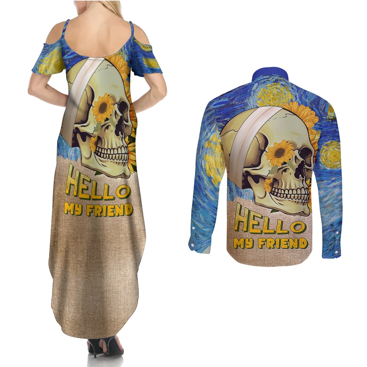 Van Gogh Style Skull Couples Matching Summer Maxi Dress and Long Sleeve Button Shirts Hello My Friend - Wonder Print Shop