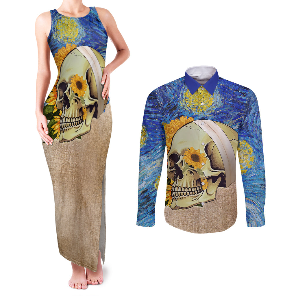 Van Gogh Style Skull Couples Matching Tank Maxi Dress and Long Sleeve Button Shirts Hello My Friend - Wonder Print Shop