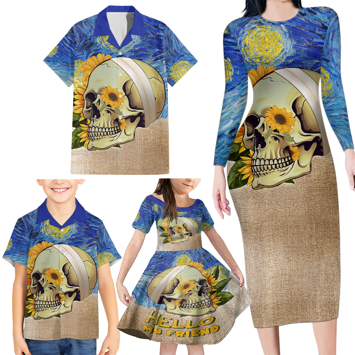 Van Gogh Style Skull Family Matching Long Sleeve Bodycon Dress and Hawaiian Shirt Hello My Friend - Wonder Print Shop