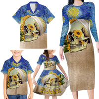 Van Gogh Style Skull Family Matching Long Sleeve Bodycon Dress and Hawaiian Shirt Hello My Friend - Wonder Print Shop