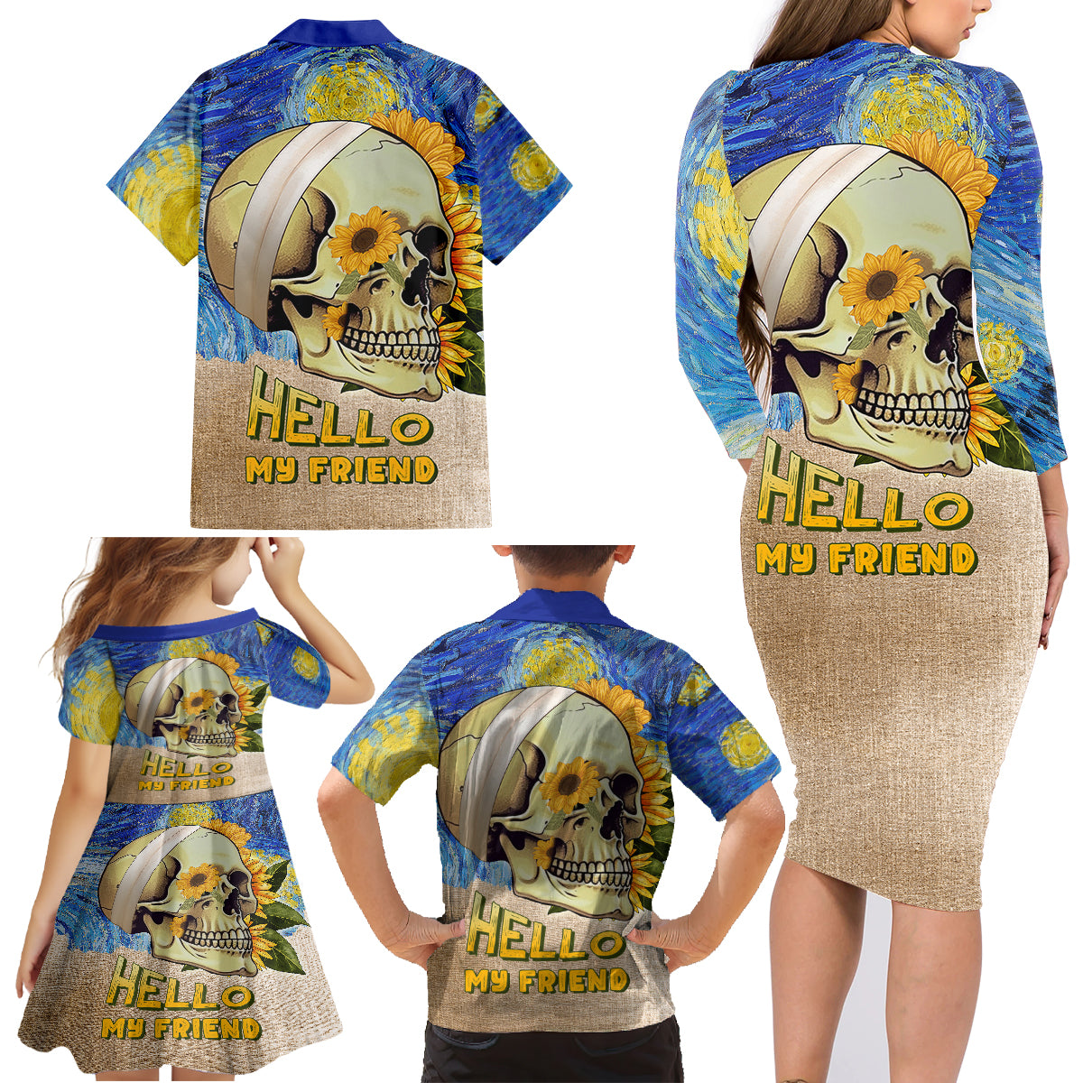 Van Gogh Style Skull Family Matching Long Sleeve Bodycon Dress and Hawaiian Shirt Hello My Friend - Wonder Print Shop