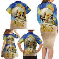Van Gogh Style Skull Family Matching Long Sleeve Bodycon Dress and Hawaiian Shirt Hello My Friend - Wonder Print Shop